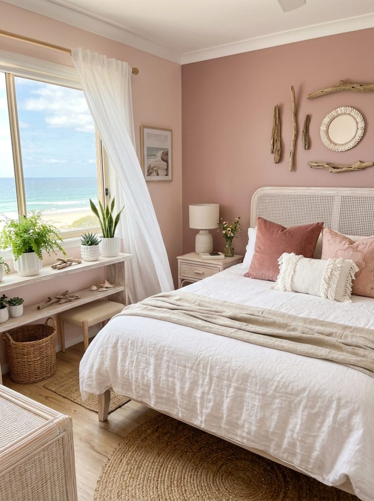 Pink coastal bedroom with blush dusty rose walls white linen bedding pink accent pillows whitewashed rattan furniture driftwood accents sheer curtains coastal plants white ceramic pots