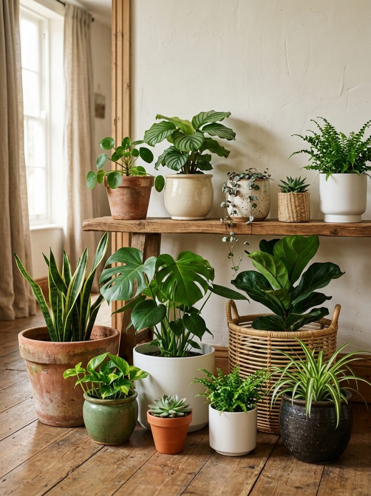 Beautiful collection of plant pots in different sizes textures and materials terracotta ceramic woven and white grouped holding various indoor plants