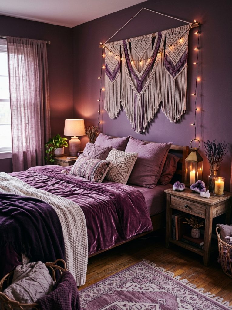 Moody purple boho bedroom with deep plum dusty purple walls layered purple mauve cream textiles macrame with purple yarn crystals amethyst dried lavender candles romantic atmosphere