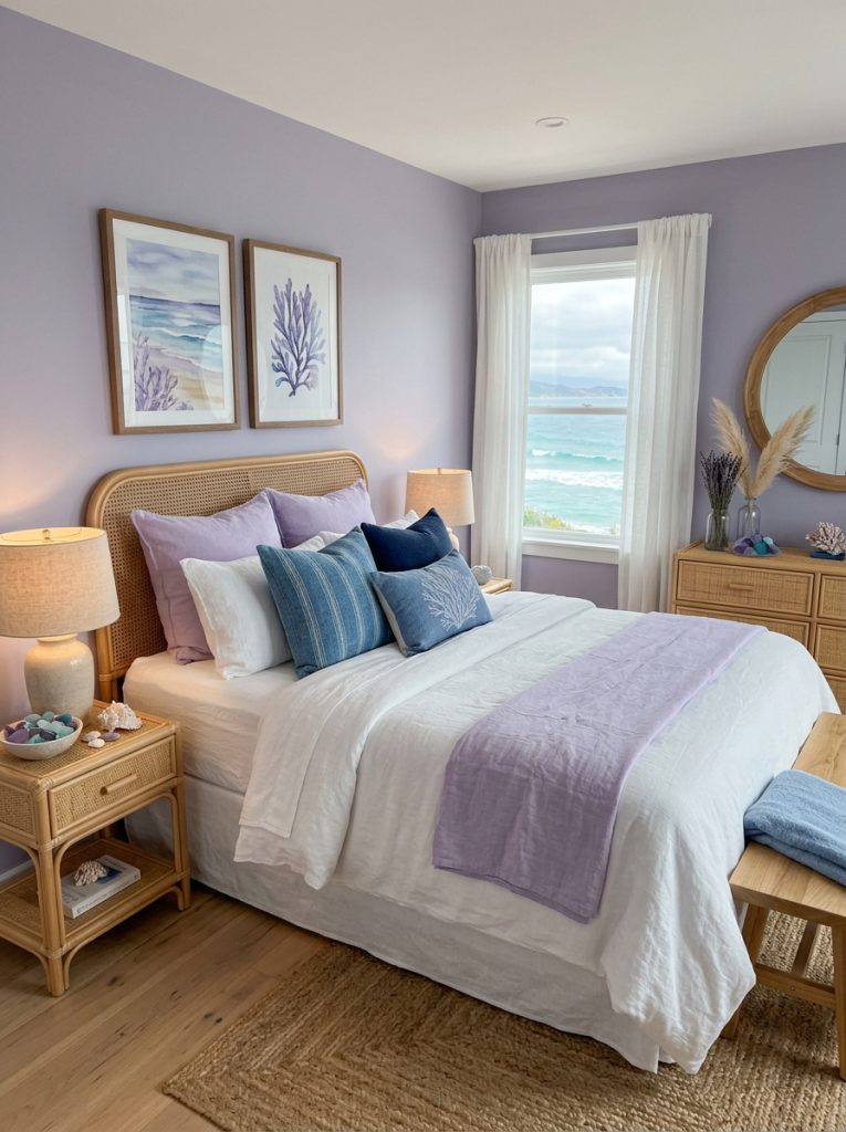 Purple coastal bedroom with soft lavender dusty purple walls ocean blue accents coastal shells sea glass purple blue tones white linen bedding rattan furniture serene unique
