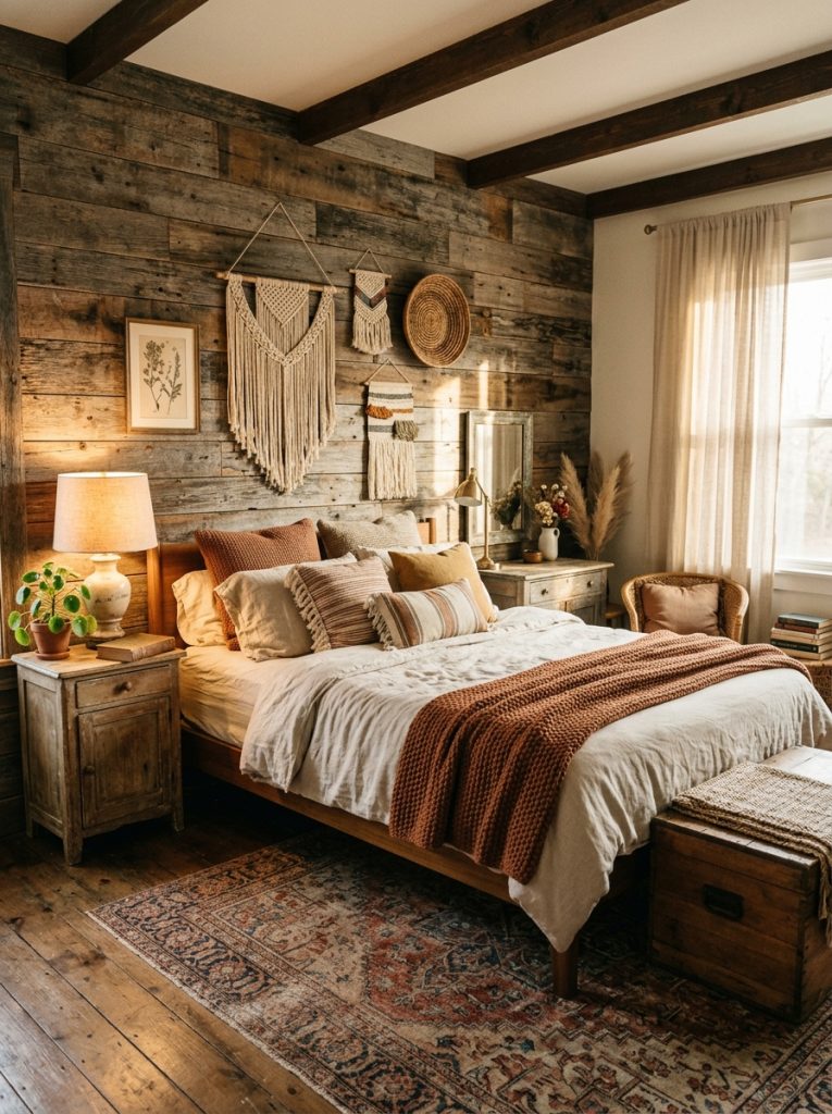 Rustic boho bedroom with reclaimed wood accent wall vintage woven rug antique wooden nightstands mismatched macrame and woven wall art layered neutral bedding warm earthy tones