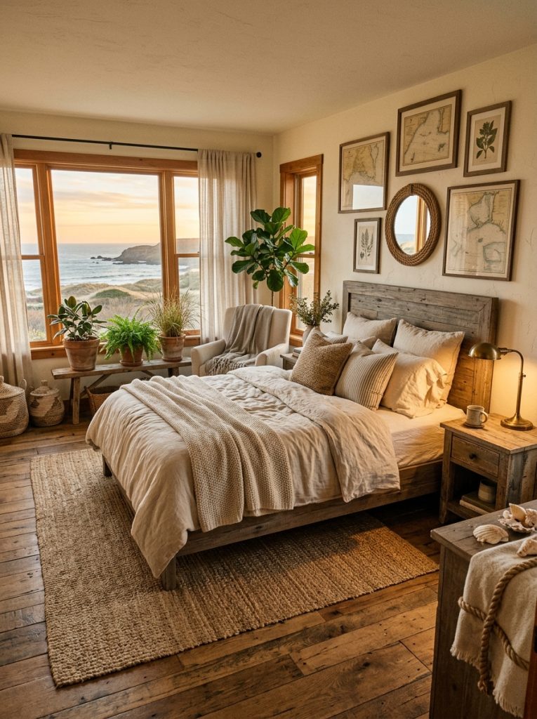 Earthy rustic coastal bedroom with driftwood-toned wood furniture worn cream sand linen bedding rope woven accessories vintage coastal maps jute rug coastal plants terracotta pots warm