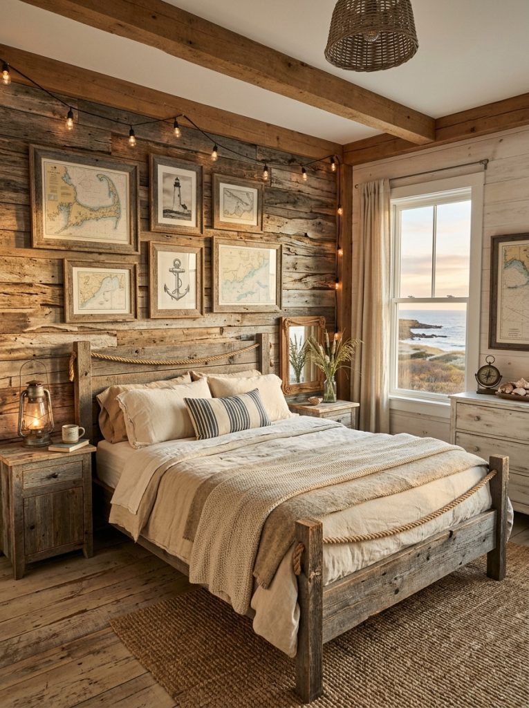Rustic coastal bedroom with reclaimed driftwood accent wall weathered wood furniture vintage rope details whitewashed finishes worn cream sand linen bedding nautical coastal maps prints