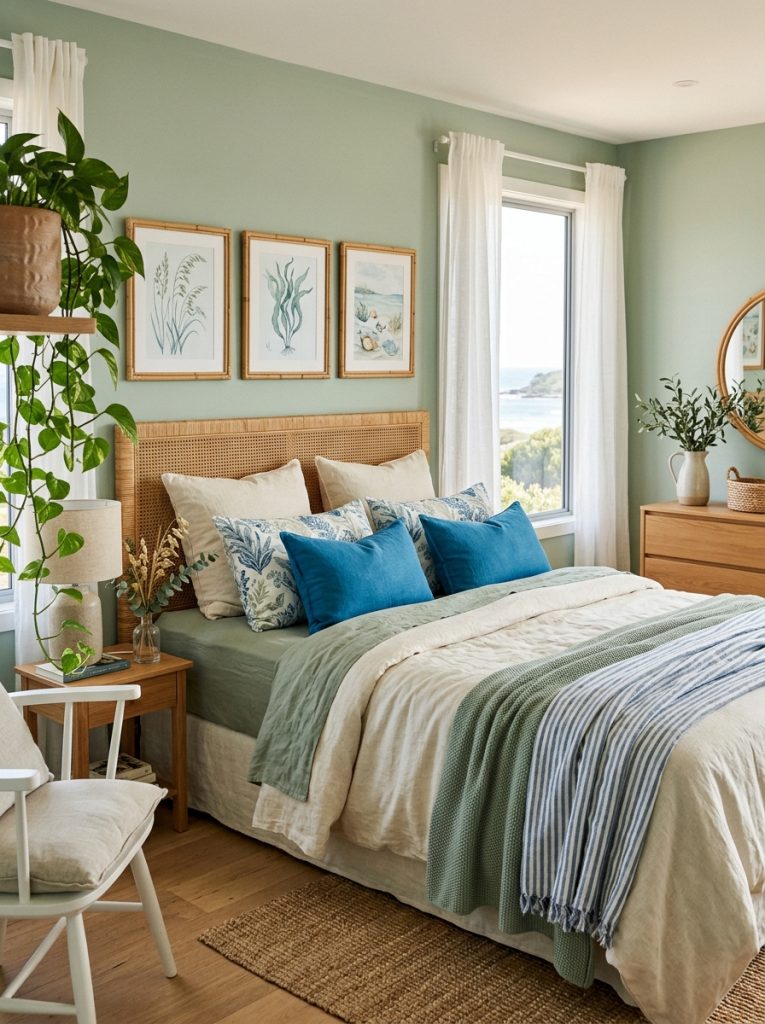 Sage green and blue coastal bedroom with sage walls ocean blue accent pillows botanical coastal prints rattan frames cream sage linen bedding rattan headboard coastal plants fresh organic