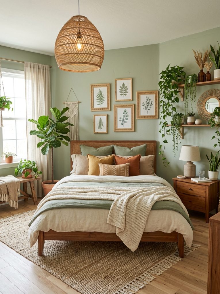 Sage green boho bedroom with soft green walls botanical prints in rattan frames natural linen bedding trailing plants warm wood furniture and rattan pendant light