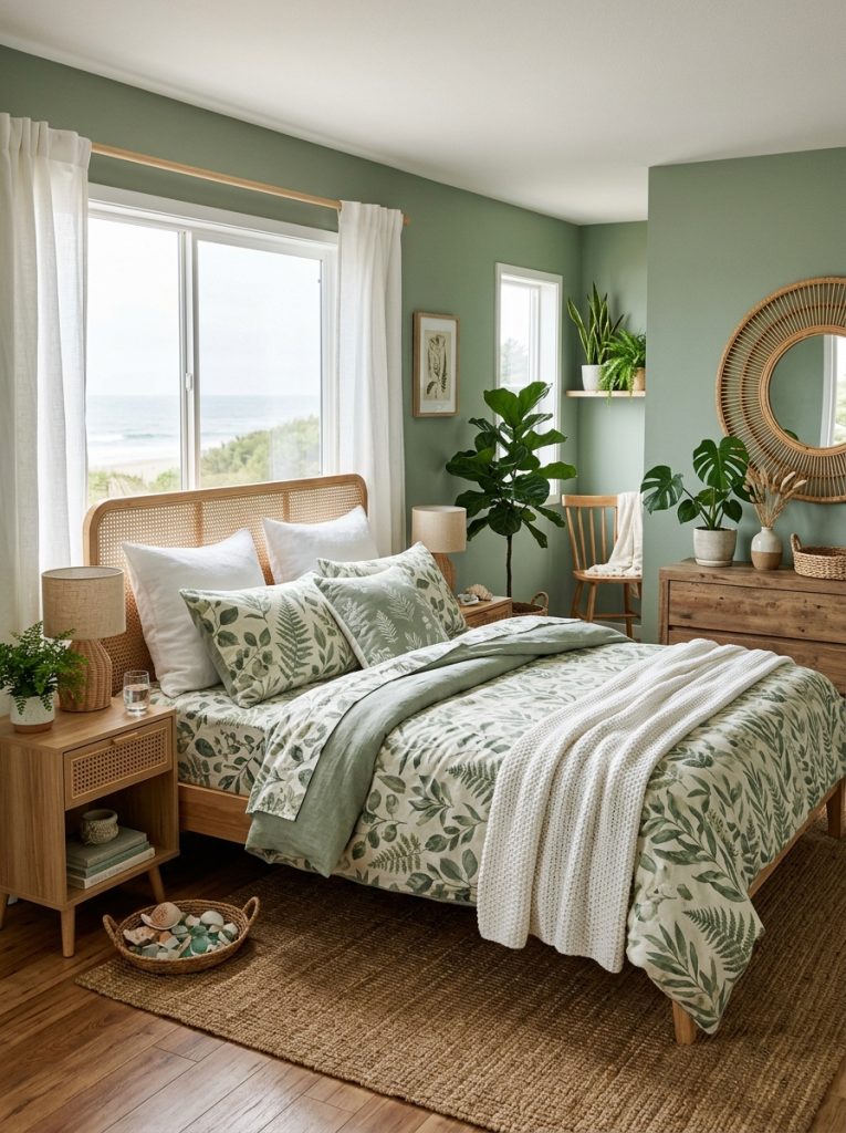 Sage green coastal bedroom with sage walls botanical print bedding natural wood rattan furniture coastal plants white linen accents layered natural textures calm organic atmosphere
