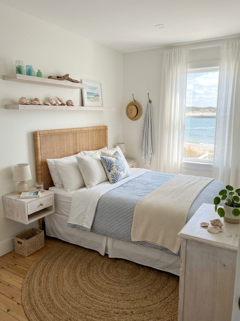 Small coastal bedroom with rattan headboard minimal whitewashed furniture floating shelves coastal accents sheer white curtains jute rug sea glass shells floating shelf bright airy
