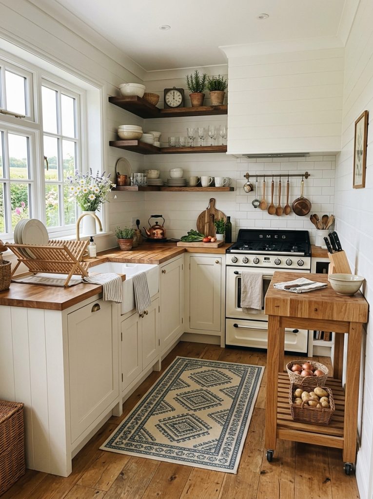 Small farmhouse kitchen open floating shelves instead of upper cabinets neutral light colors slim rolling island extra prep space patterned washable rug small farmhouse kitchen surprisingly spacious country rustic
