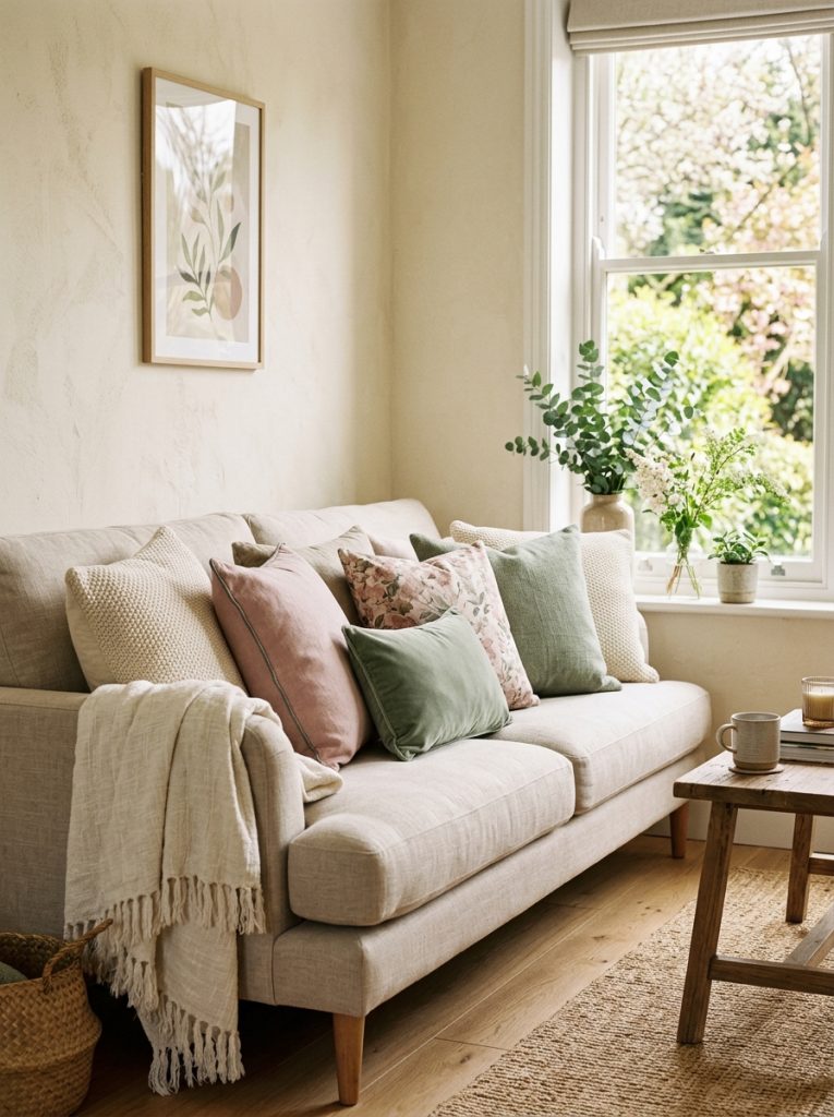 Spring living room sofa layered throw pillows dusty pink sage green warm cream tones light linen throw calm pastel beautifully seasonal