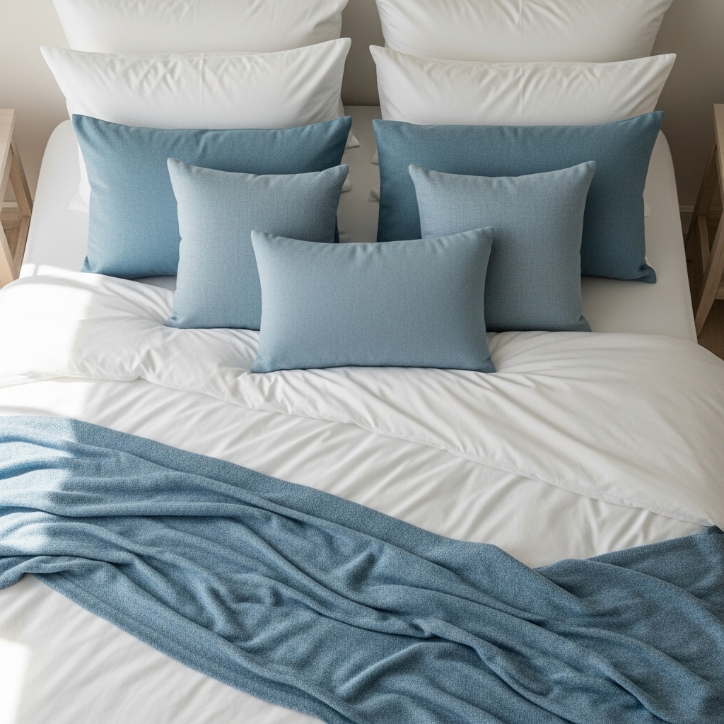 Blue accent bedding in coastal-style bedroom