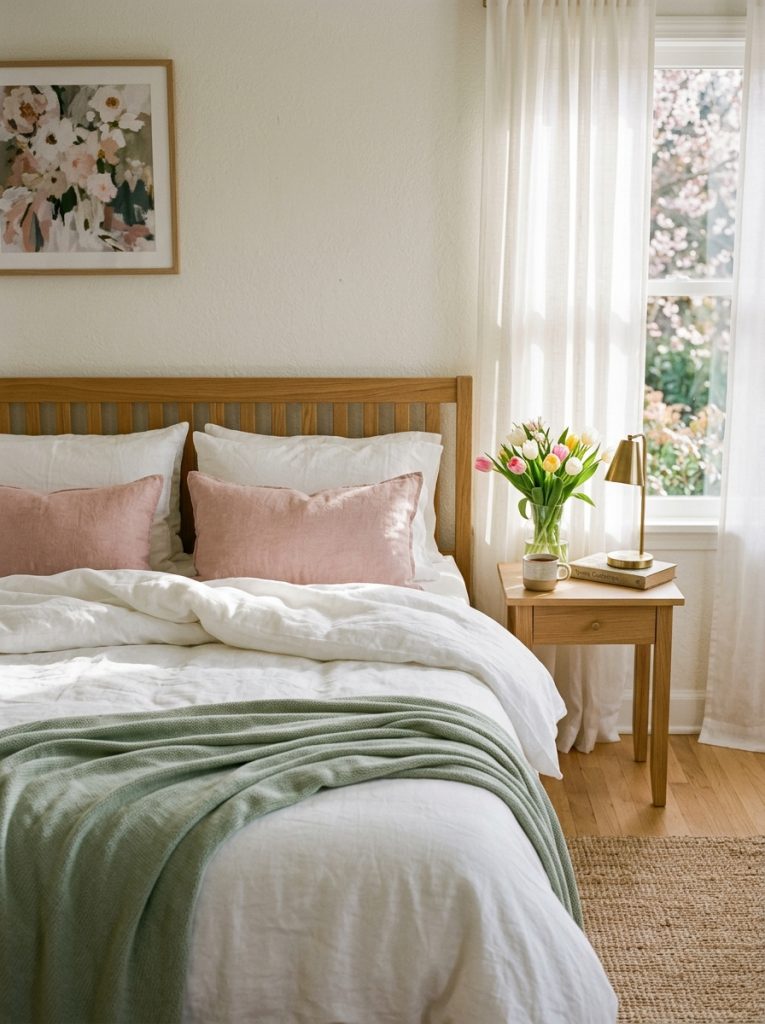 Spring bedroom crisp white linen bedding sage cotton throw dusty pink pillowcases sheer curtains afternoon light fresh tulips nightstand fresh airy completely seasonal