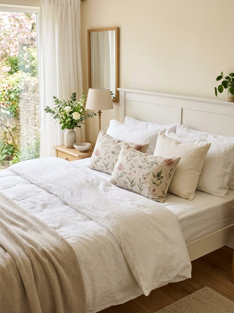 Spring bedroom white linen bedding two floral accent pillows dusty rose botanical green tones plain cream pillow seasonal touch without overwhelming calm white bedding