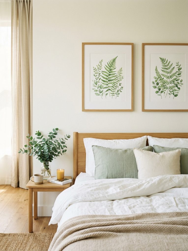 Serene spring bedroom two matching botanical prints natural wood frames above bed same height fresh eucalyptus nightstand white linen bedding organic fresh genuinely beautiful
