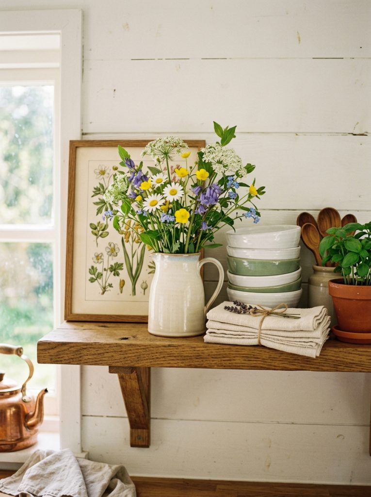 Spring kitchen open shelf white soft green ceramic bowls small ceramic jug fresh wildflowers cream linen napkins small potted herb botanical print curated fresh completely seasonal