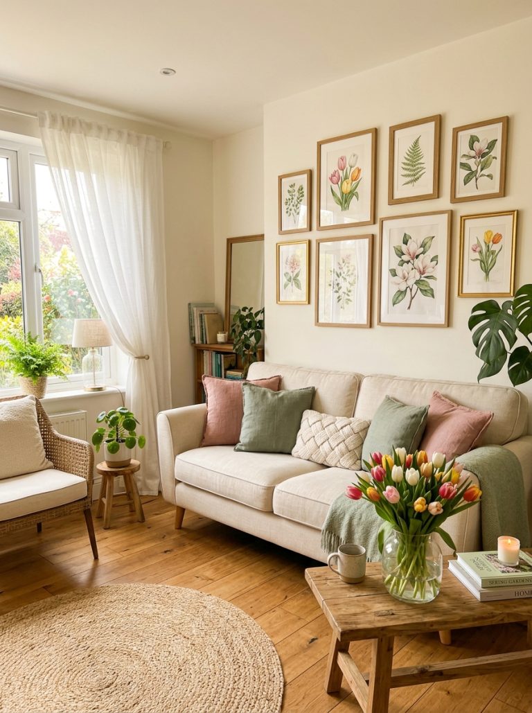 Spring decor ideas bright living room sheer curtains cream sofa pastel pillows fresh tulips botanical gallery wall jute rug