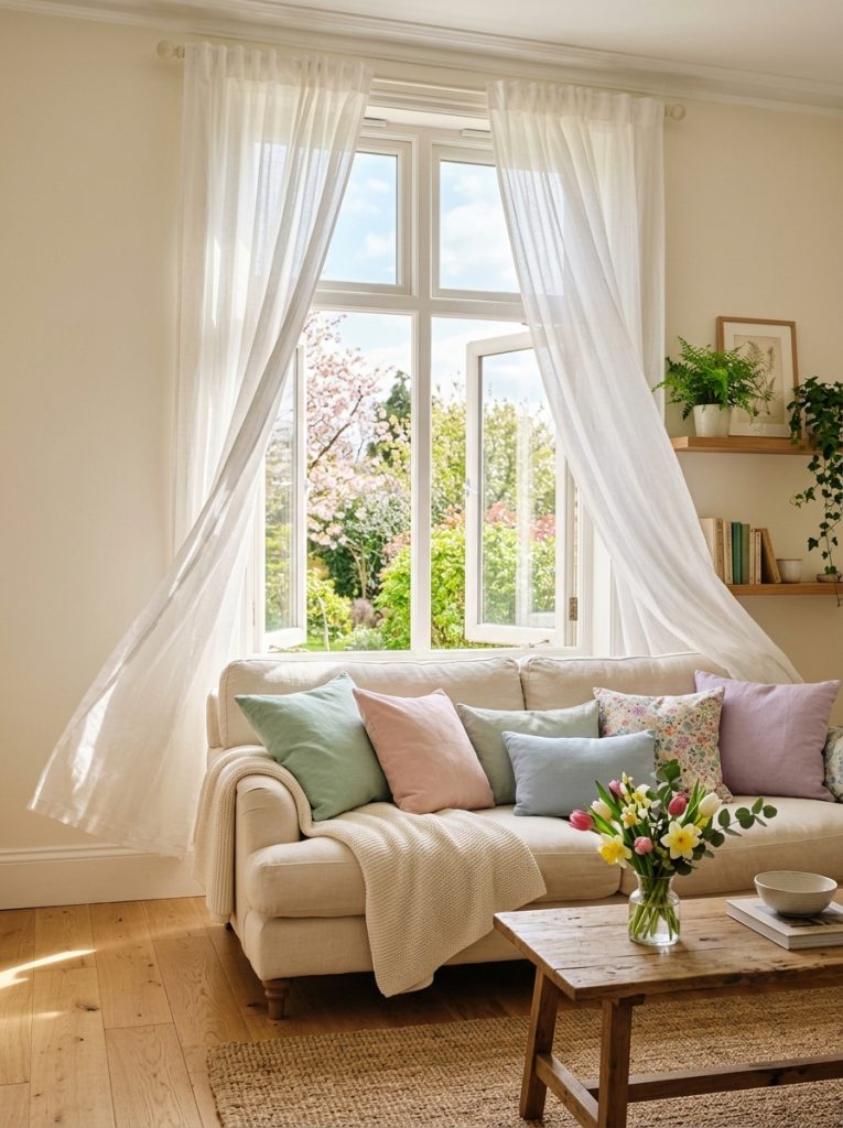 Spring living room sheer white linen curtains replacing heavy drapes soft natural afternoon light cream sofa pastel cushions lighter brighter seasonal