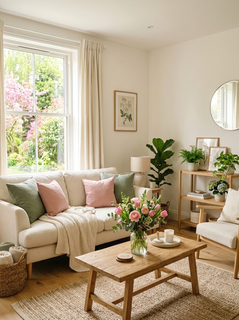 Cohesive spring living room light color palette warm white walls sage green cushions dusty pink throw cream sofa natural wood coffee table fresh botanicals calm fresh seasonal