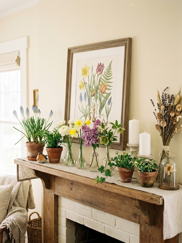 Spring mantel display fresh botanicals small bud vases white pillar candles different heights botanical print small terracotta pots greenery dried floral layered natural seasonal