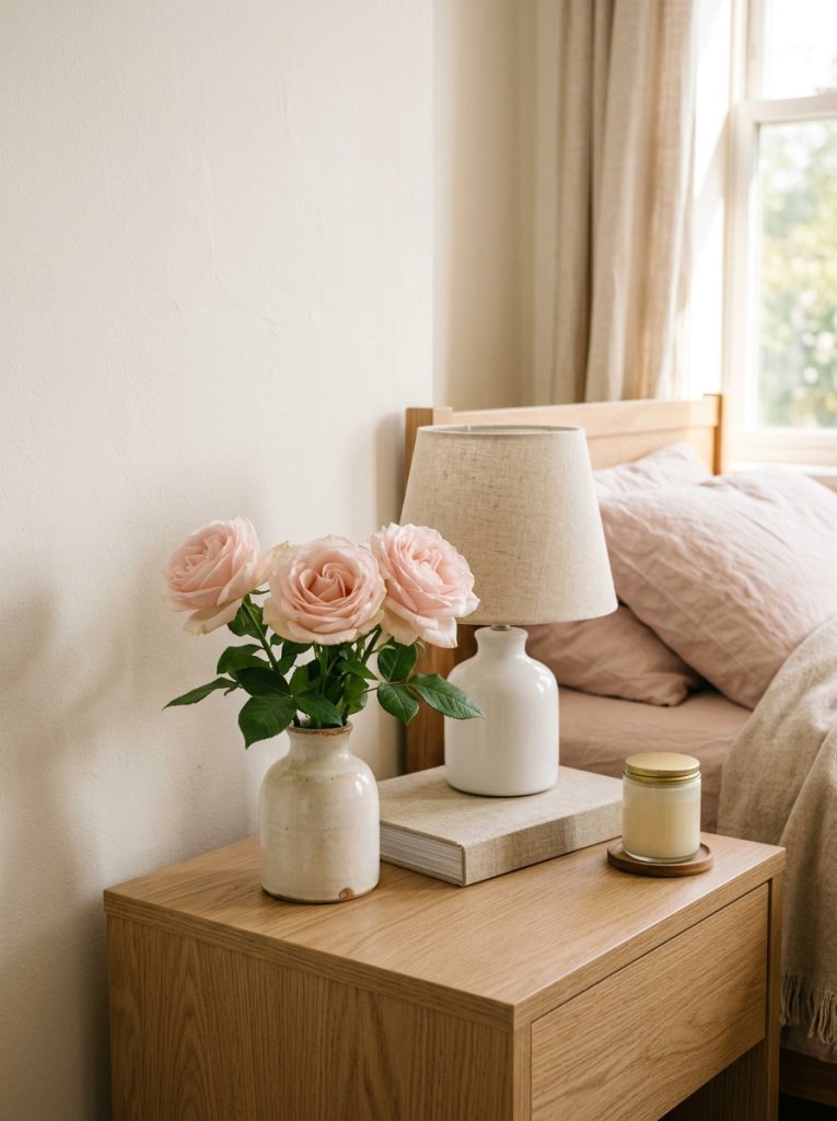 Simple spring nightstand small ceramic vase three fresh garden roses soft pink white lamp linen book small candle fresh calm genuinely seasonal warm morning light