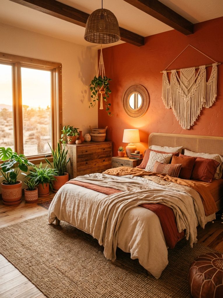 Earthy terracotta boho bedroom with warm orange-red walls cream and rust linen bedding terracotta ceramic planters macrame warm wood furniture jute rug glowing like desert sunset