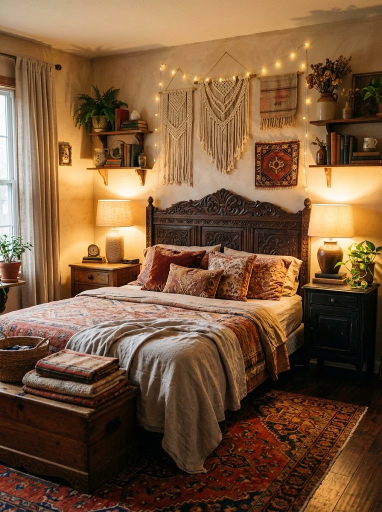 Vintage boho bedroom with antique carved wooden headboard vintage kilim rug mismatched nightstands layered faded warm tone bedding old macrame wall hangings vintage ceramic lamps