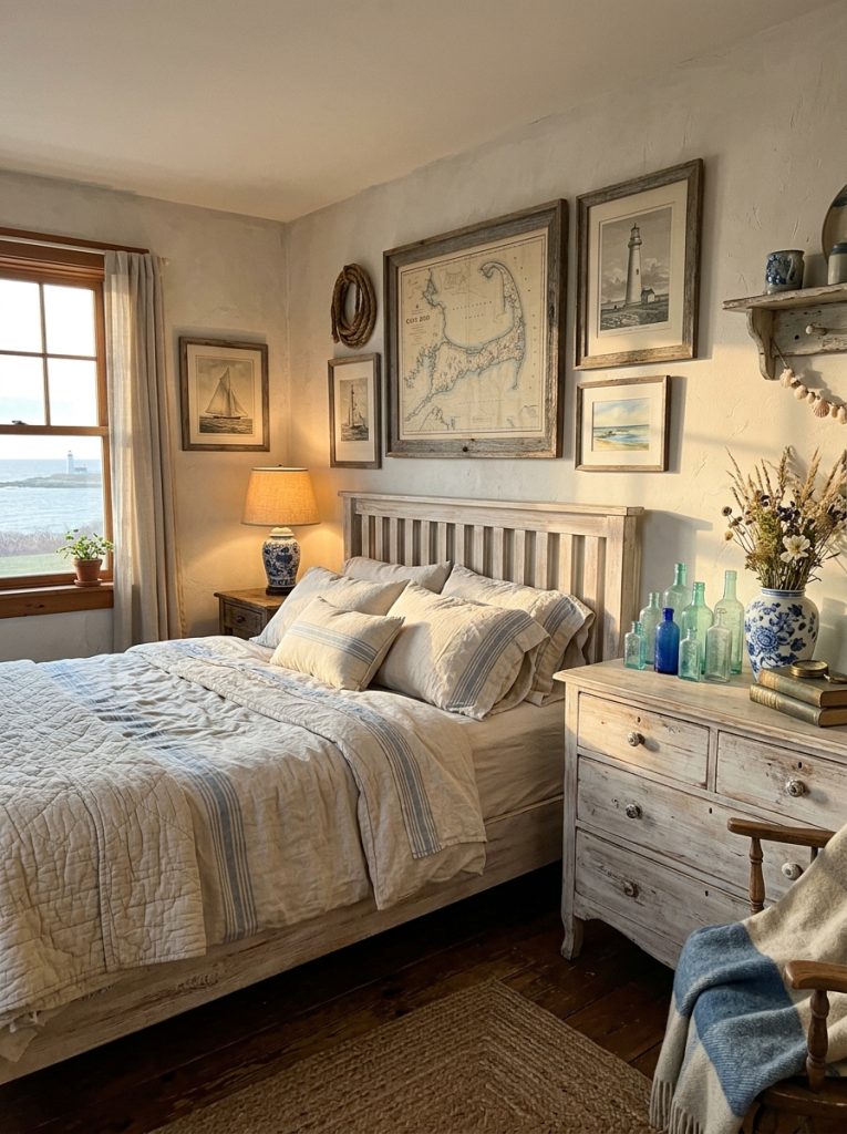 Vintage coastal bedroom with whitewashed distressed wood furniture antique blue white ceramics vintage coastal maps aged frames rope details sea glass bottles worn cream blue linen