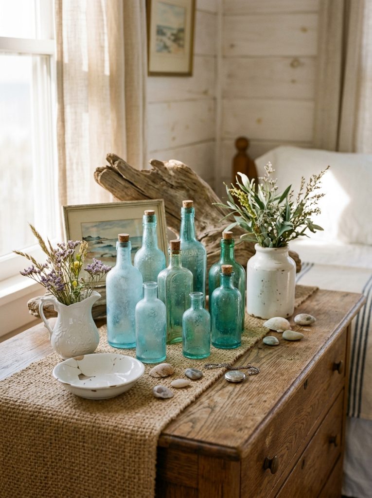 Vintage coastal bedroom dresser vignette with sea glass bottles in blue and green at different heights vintage white ceramics driftwood accents warm light highlighting glass
