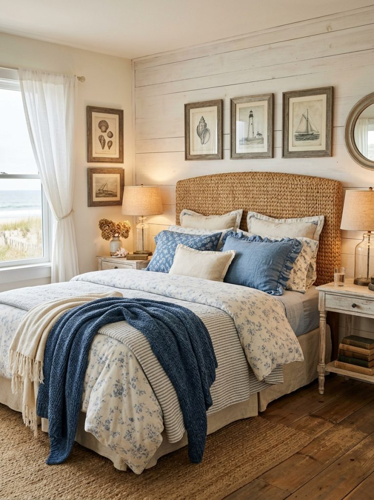 Vintage coastal bedroom with natural rattan headboard whitewashed wood side tables antique coastal prints weathered frames vintage blue cream bedding worn throws warm natural texture