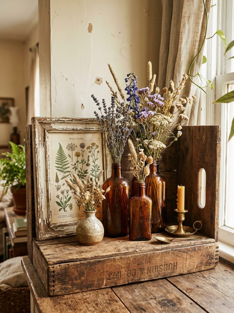 Vintage home aesthetic DIY amber glass bottles dried wildflowers distressed wooden frame botanical print thrifted ceramic wooden crate shelf