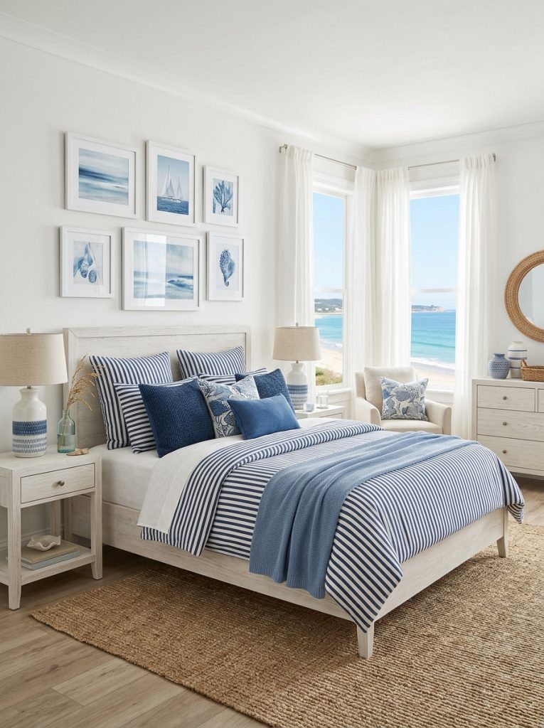 Classic white and blue coastal bedroom with white walls navy white striped bedding blue white coastal artwork whitewashed furniture blue throw pillows sheer curtains jute rug timeless
