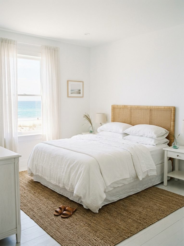 Minimalist white coastal bedroom with white walls white linen bedding white wood furniture jute rug rattan headboard single sea glass vase sheer curtains pure clean serene
