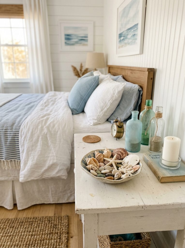 White coastal bedroom with seashell decorative bowl on nightstand beside sea glass bottles white candle natural curated coastal arrangement warm natural light