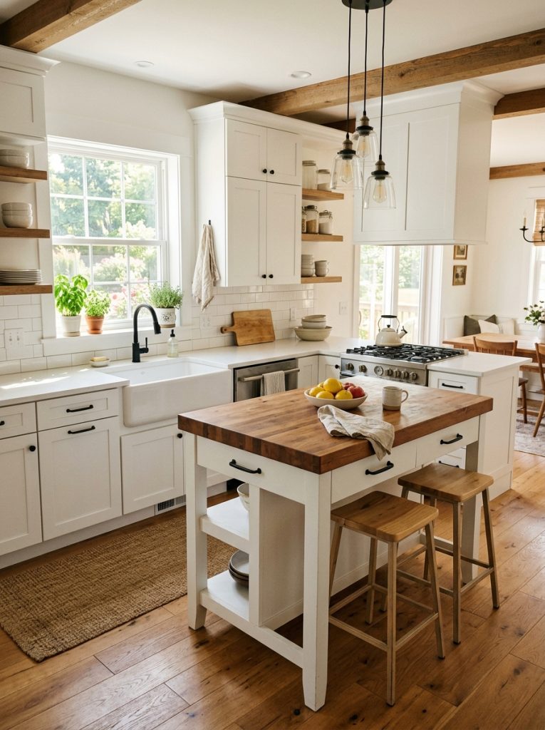 White farmhouse kitchen with soft white shaker cabinets matte black hardware pulls butcher block countertop island bar stools warm natural light clean bright base for rustic elements