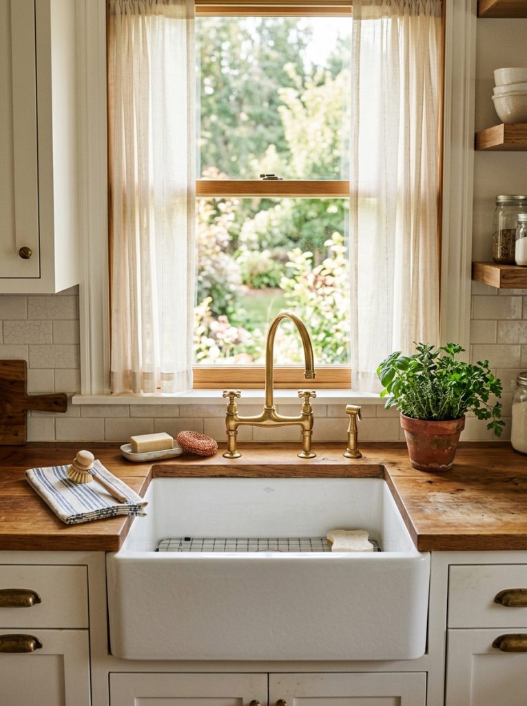 White fireclay apron front farmhouse sink kitchen focal point butcher block countertop vintage bridge faucet fresh herbs small pot window sheer curtains classic charming practical