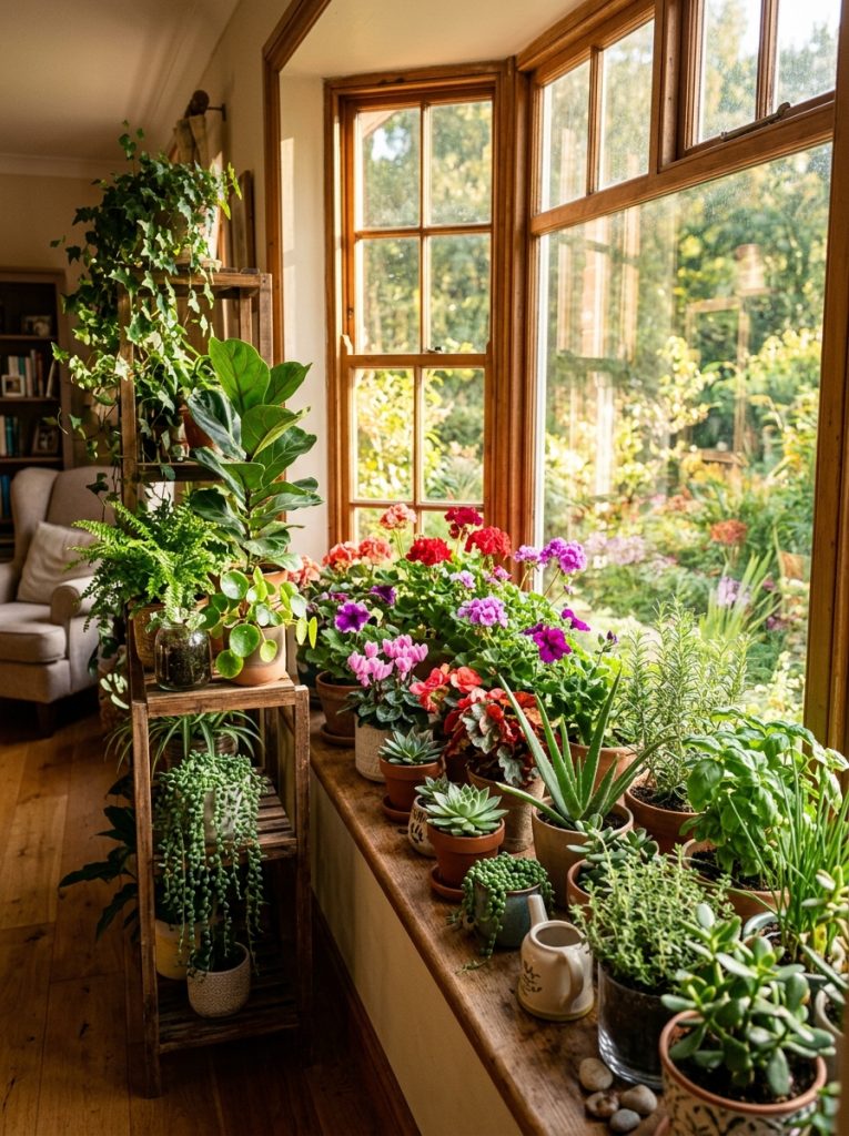 Bright large window with multiple plants on wide sill and plant stand beside it flowering plants succulents and herbs thriving in warm golden sunlight