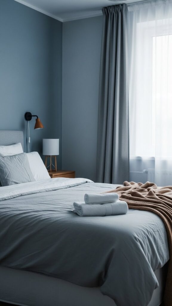 Muted blue and gray January color palette for winter bedroom decor