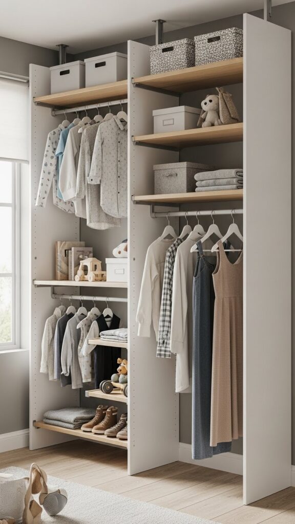Adjustable modular closet system with movable shelves and rods that adapts as children grow