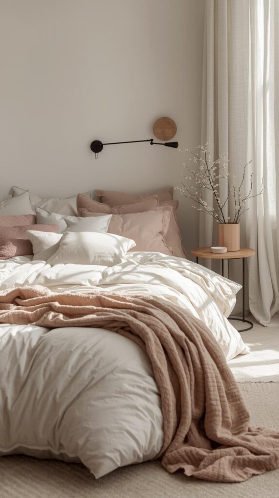 Aesthetic bedroom decor inspo with layered bedding