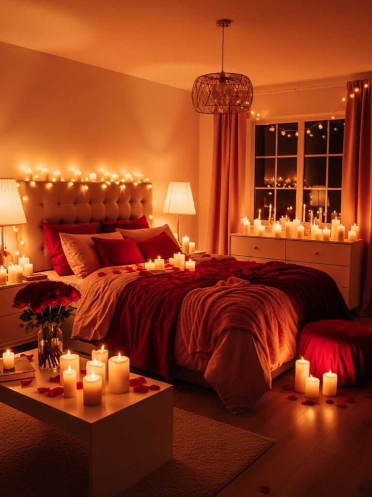 Romantic Valentine bedroom lighting with warm red and blush tones