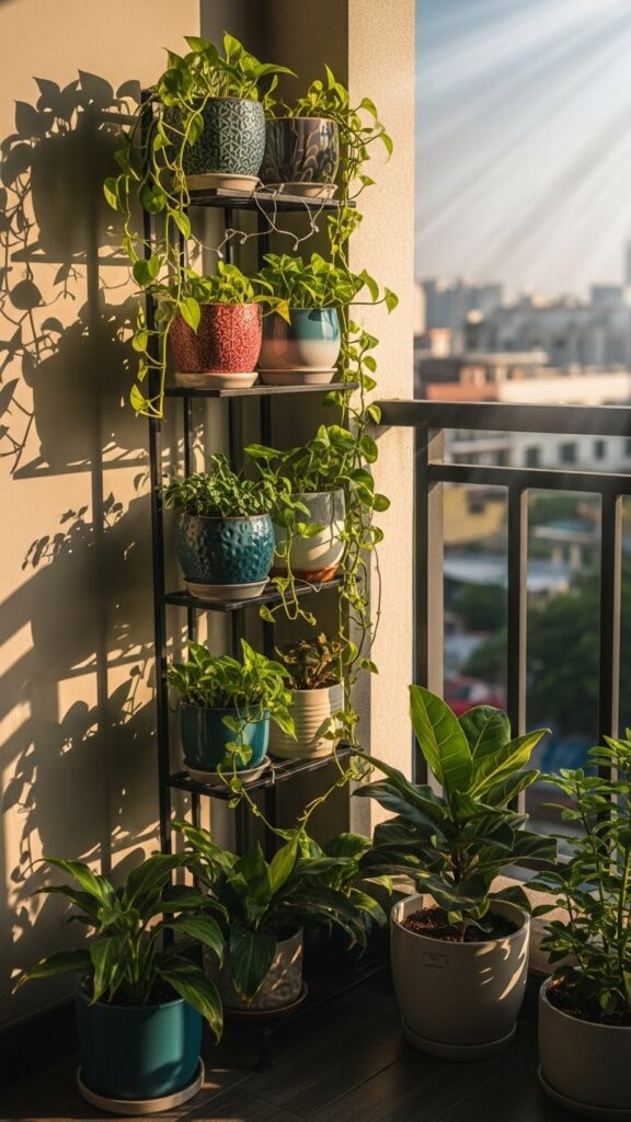 Balcony corner home garden idea for small apartment with colorful plants and pots