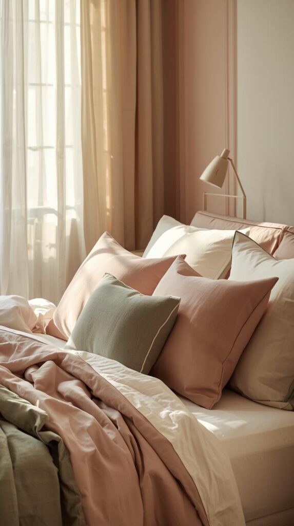 Bedroom home decor inspo with soft color palette