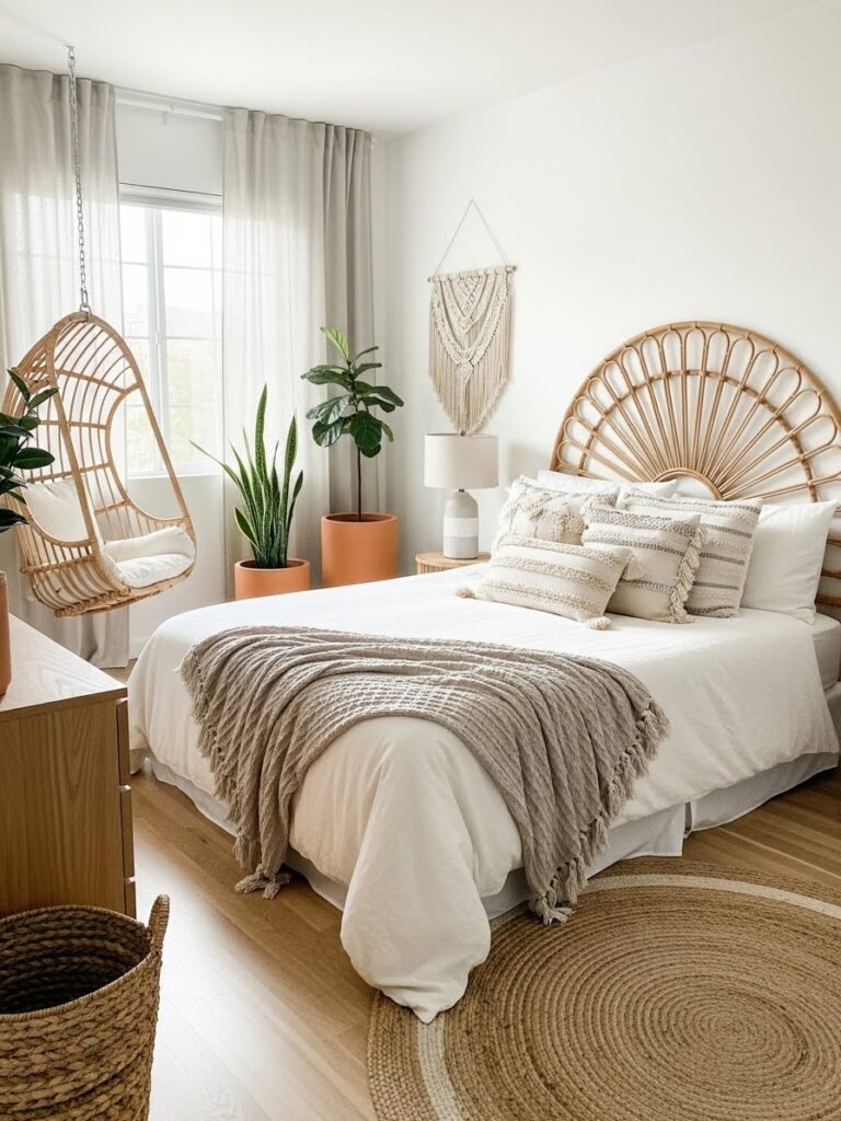 Modern boho bedroom with natural textures