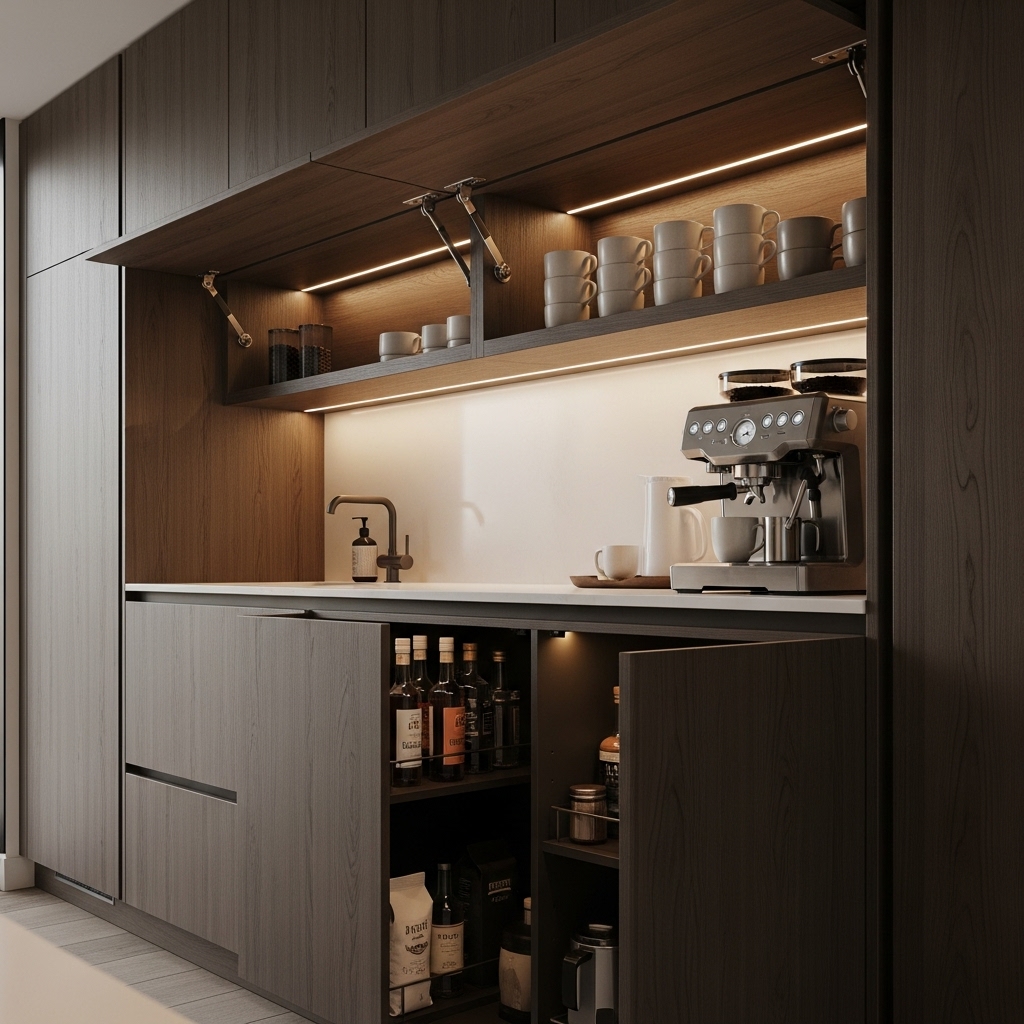 Built-in coffee bar with hidden storage cabinets