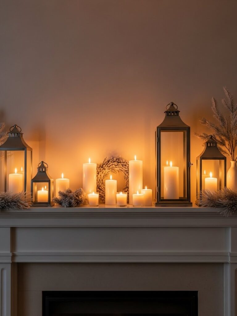 Candle and lantern Christmas decor ideas for fireplace