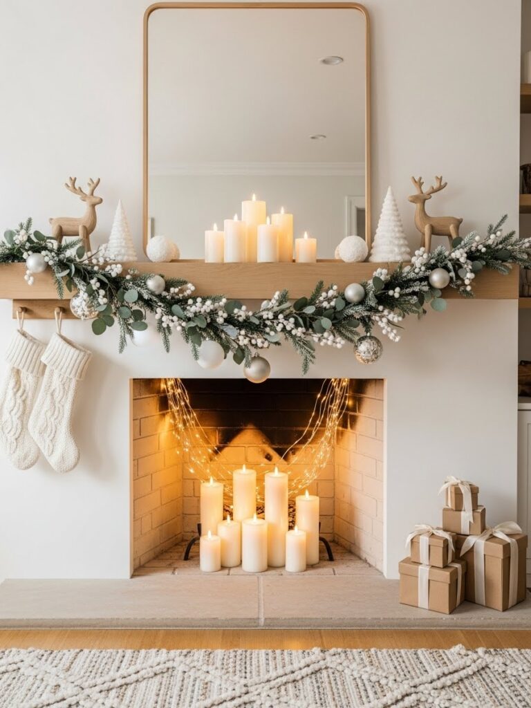 Neutral Christmas color palette for fireplace mantel decor