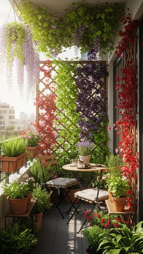 Apartment home garden idea with climbing plants