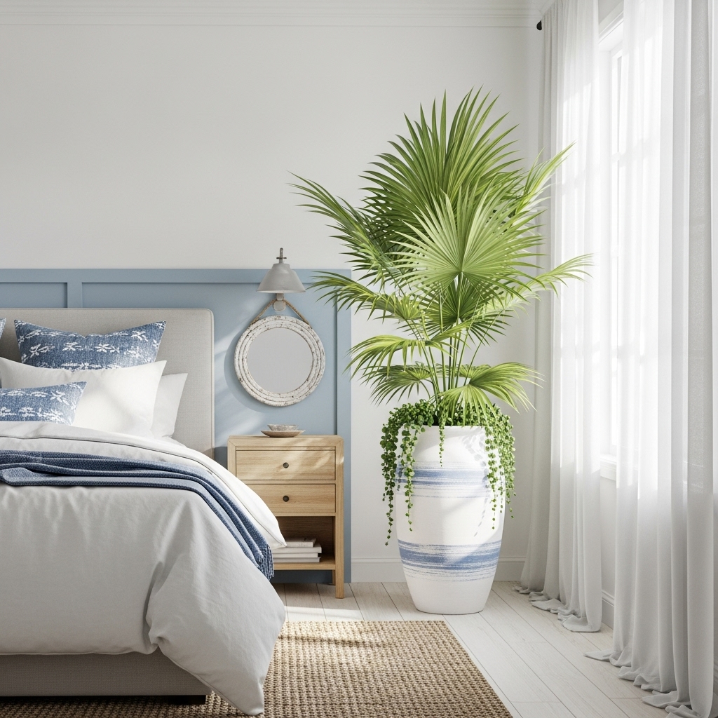 Plant decor in a coastal-style bedroom