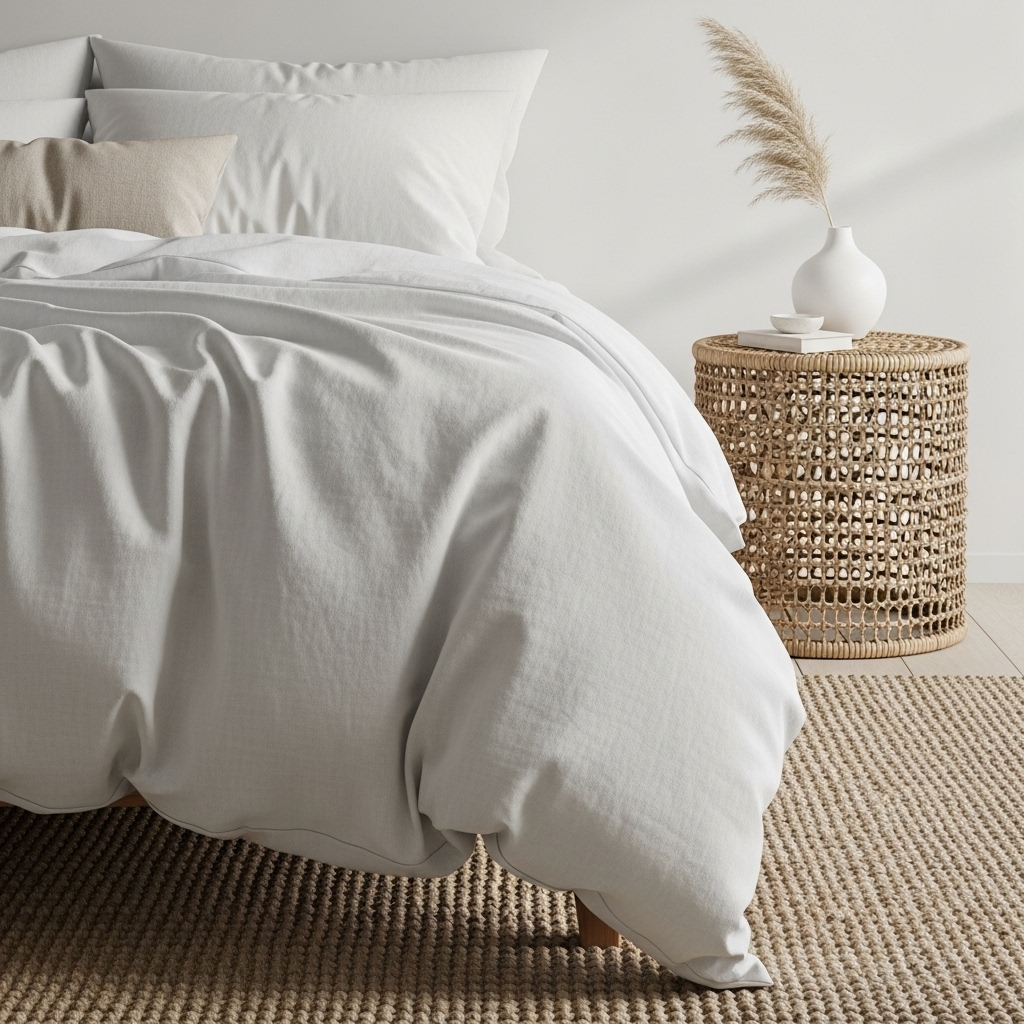 Side-angle view highlighting textures in coastal bedroom