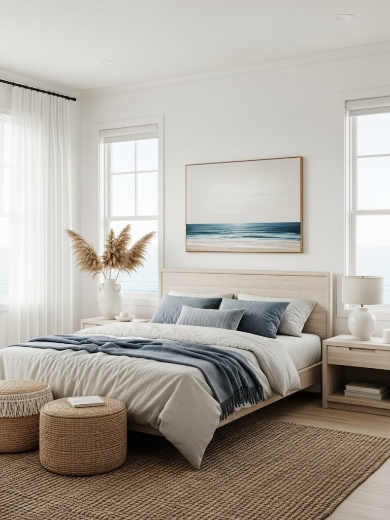 Coastal modern bedroom with airy colors