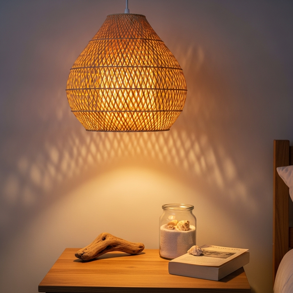 Woven lamp in coastal bedroom with warm lighting